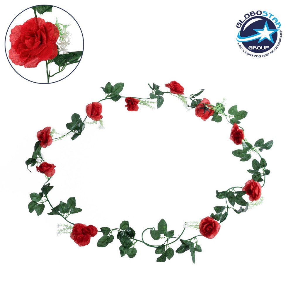 GloboStar® 78129 Τεχνητό Κρεμαστό Φυτό Διακοσμητική Γιρλάντα Λουλουδιών με 10 Κόκκινα Τριαντάφυλλα & Πράσινο Φύλλωμα M20 x Υ220 x Π20cm